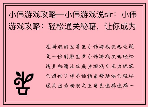 小伟游戏攻略—小伟游戏说slr：小伟游戏攻略：轻松通关秘籍，让你成为游戏之王